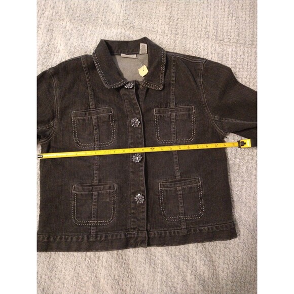 Chico's denim rhinestone flowered Jacket Sz 1 Black classic Boho Feminine - Picture 5 of 7